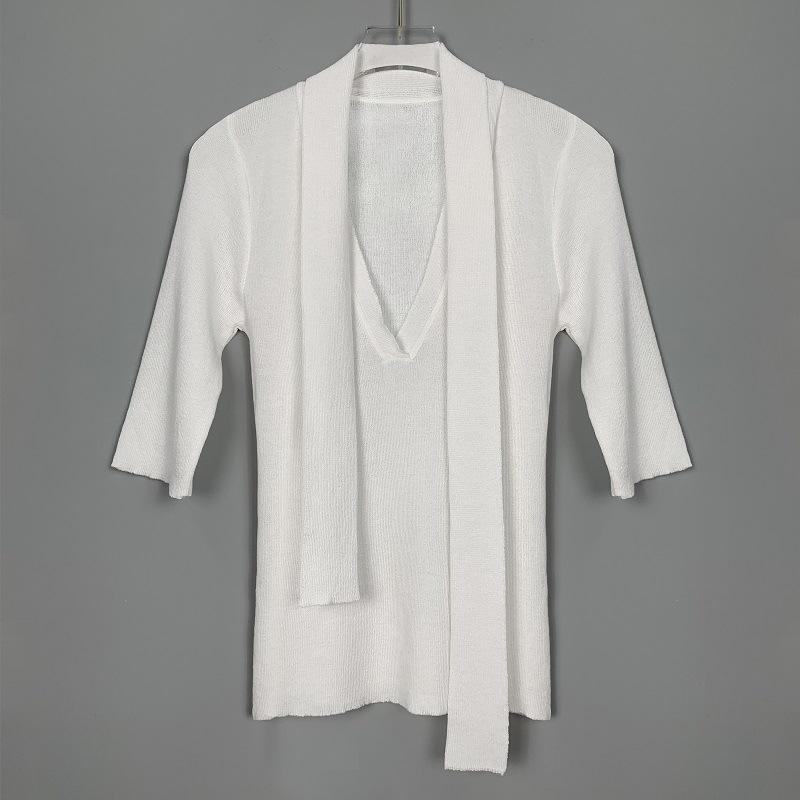 Korean Dongdaemun Slim Fit Mid-Sleeve Knitted Sweater with Ribbon Design for Women
