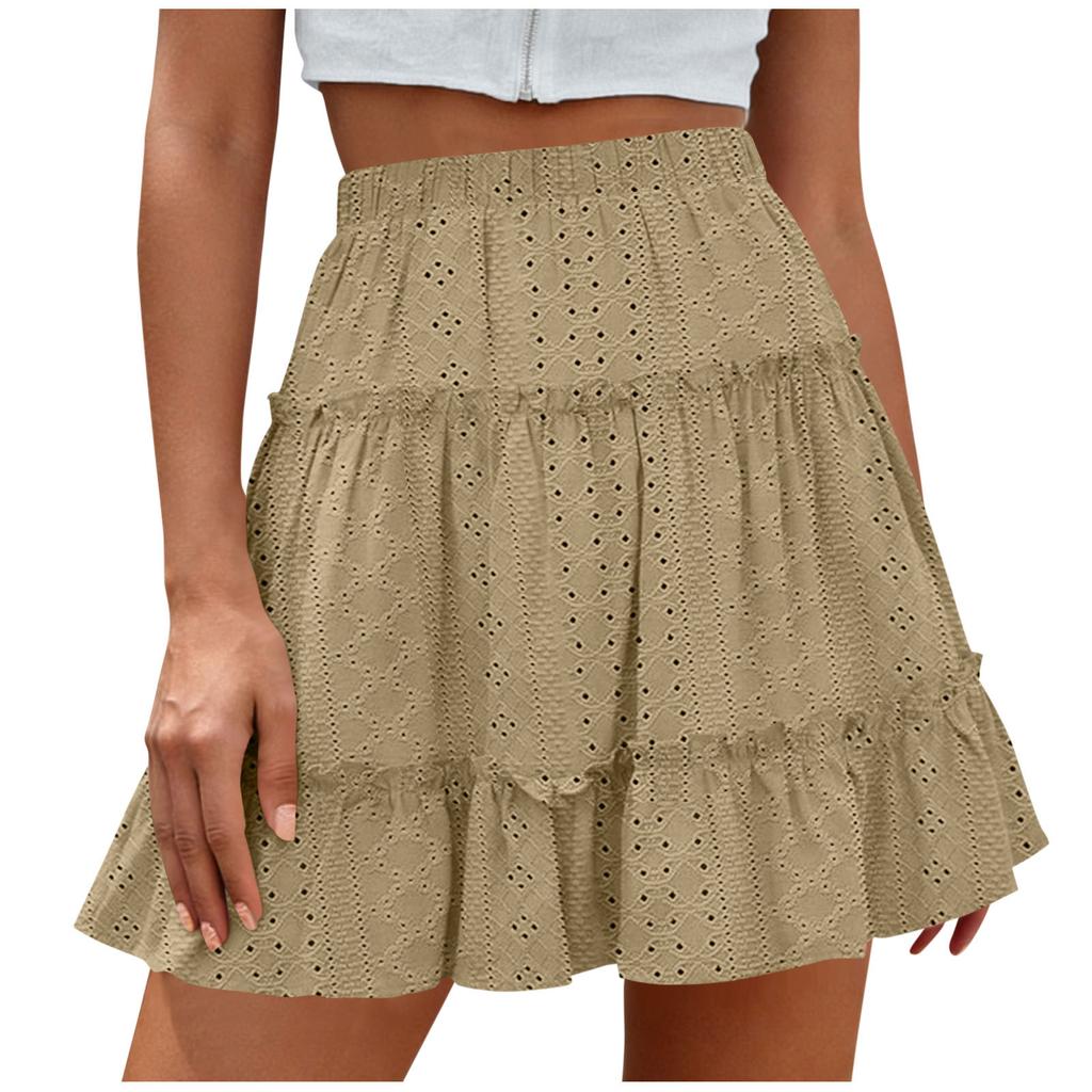 Women’s High Waist Tiered Mini Skirt with Elastic Waistband and Eyelet Embroidery Flared A-Line Design for Casual Wear