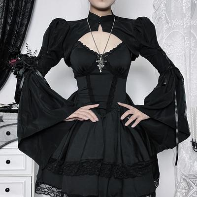 Women's Summer Short-Length Long-Sleeve Top Elegant Bell Sleeves Slim-Fit Tie-Front Blouse