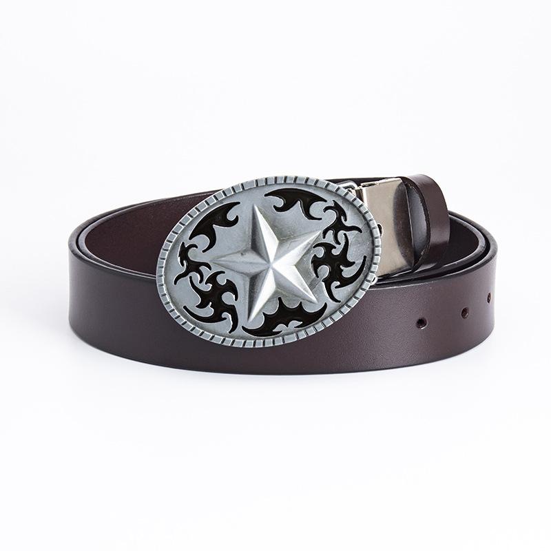 Pentagram Leather Men's Cowhide Belt Retro Smooth Buckle Wide Belt Decorative Belt