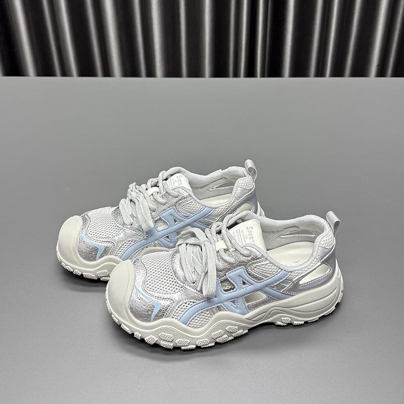 Leather mesh ugly cute dad shoes girl 2025 summer new thick-soled hollow thin breathable casual sports shoes tide