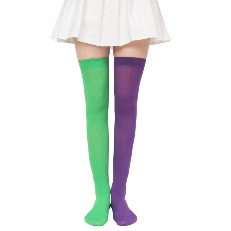Women Girls Halloween Christmas Over Knee Long Socks Holiday Party Asymmetrical Colorblock Striped Thigh High Stockings