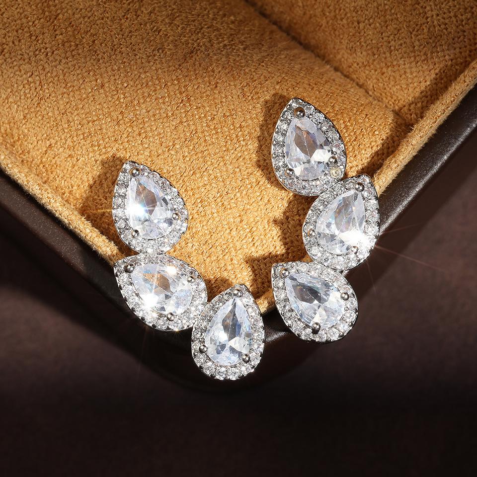 ZAKOL Luxury Shiny Zircon Leaf Stud Earrings For Women Exquisite Crystal Water Drop Ear Cuff Wrap Earring Wedding Zircon