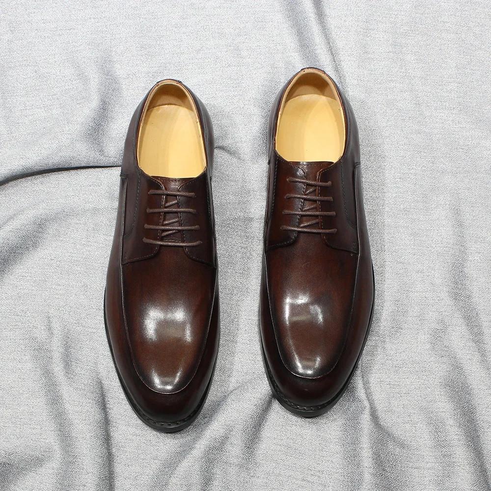 Fashion Classic Men's Genuine Leather Derby Shoes Plain Toe Handmade Lace-Up Office Dress Wedding Outdoor Formal Footwear