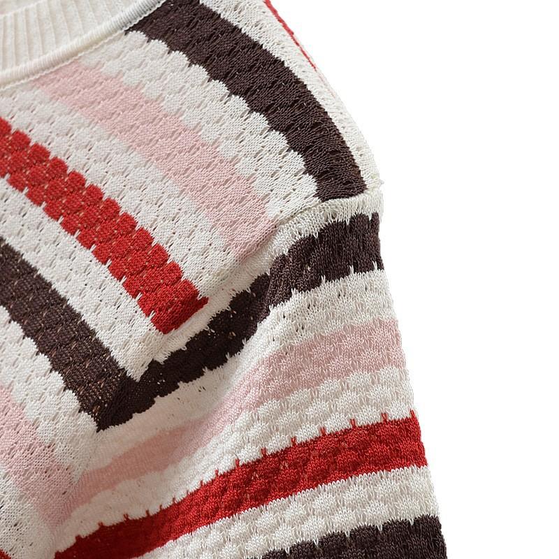 Summer Outfit Pullover Round Neck Striped Ice Silk Half Sleeved Plus Size Women's T-shirt