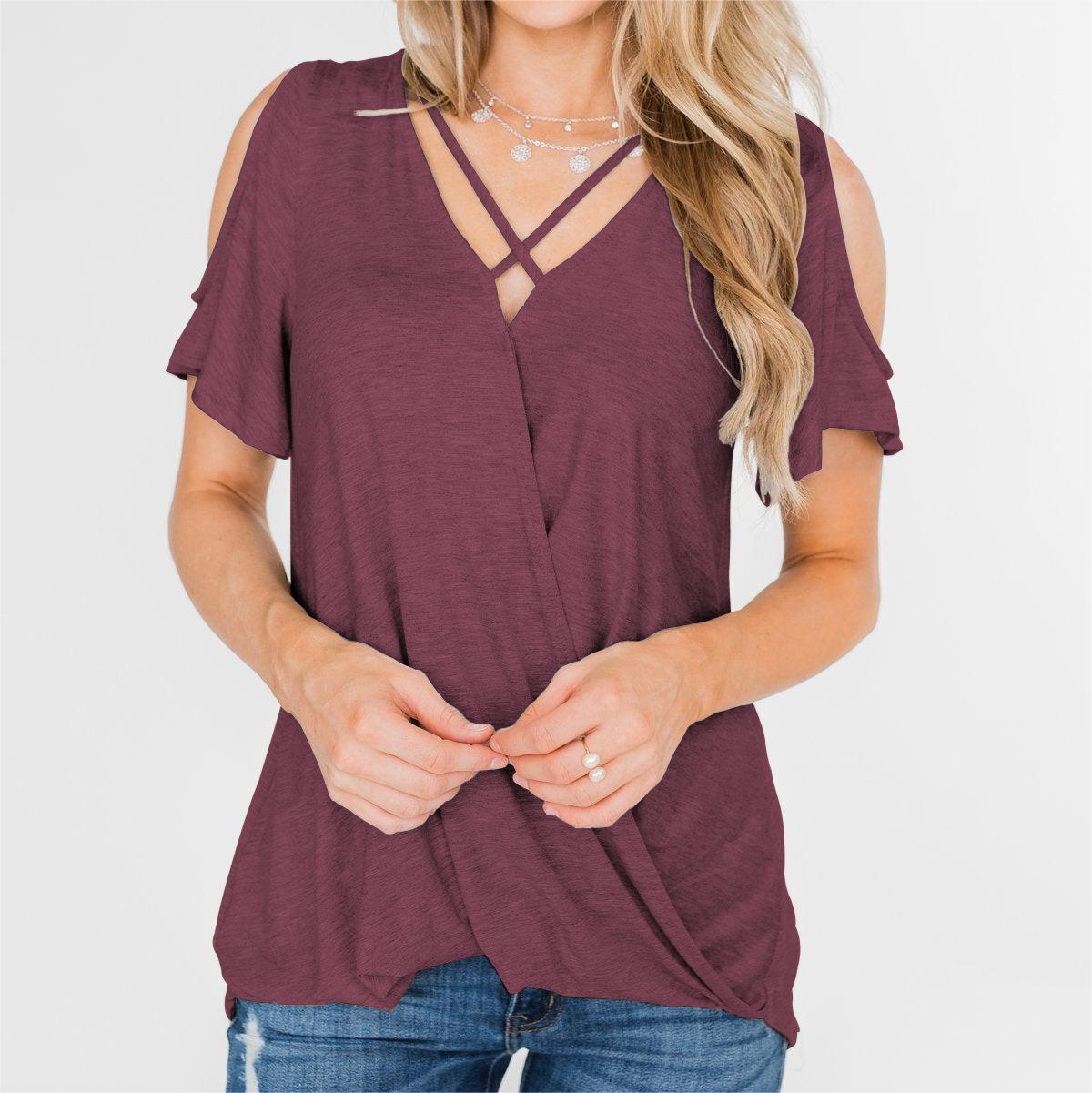 

Женская модная одежда больших размеров Летние топы Футболки с короткими рукавами Женский повседневный пуловер Футболка с v-образным вырезом Свободные однотонные кружевные блузки с расклешенными рукавами S фиолетовый
