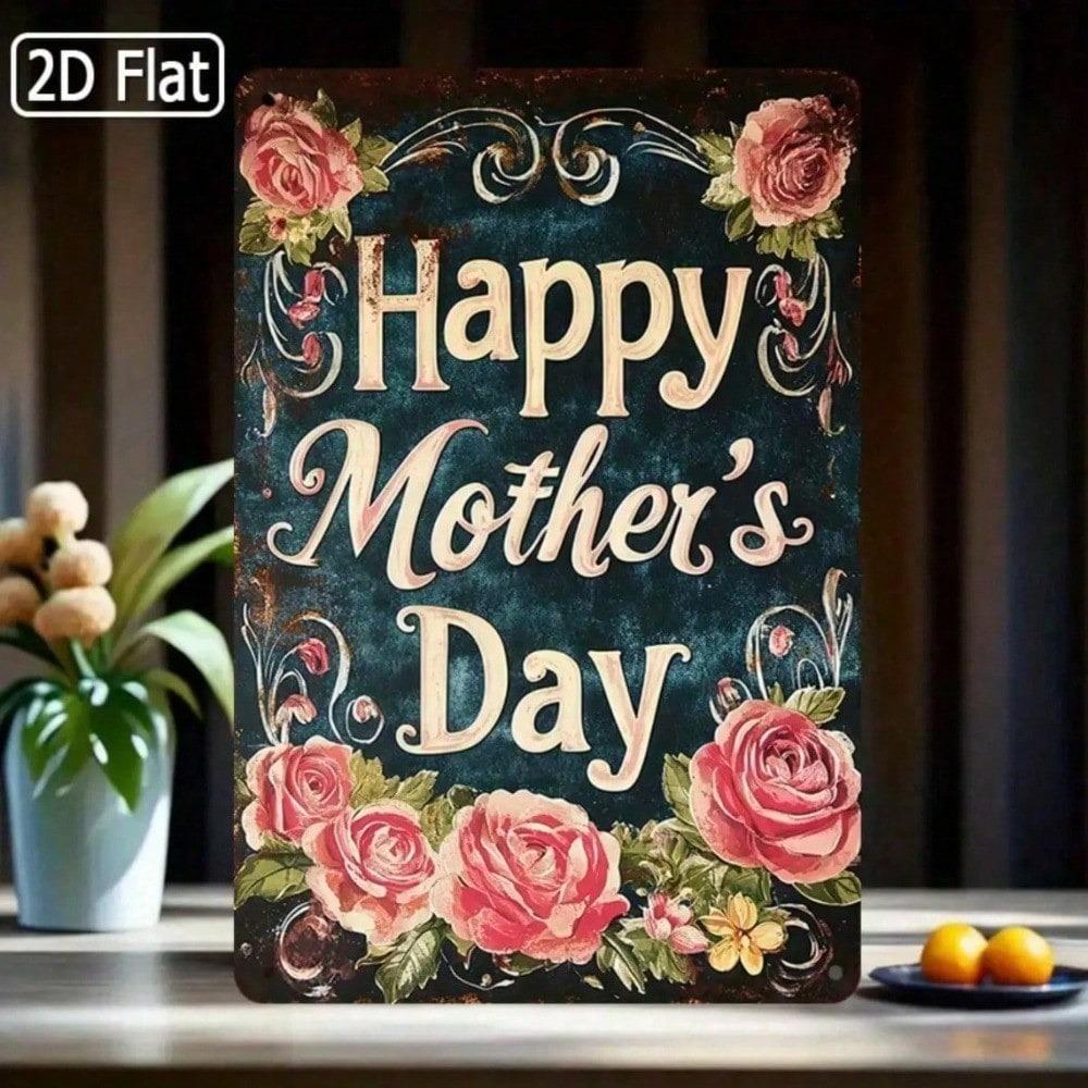 Vintage Mother's Day Tin Sign 8x12 Inch Pink Roses Floral Metal Wall Decor Rustic Farmhouse Gift