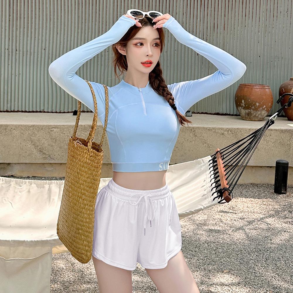 

Женский летний консервативный купальник-двойка с длинным рукавом и контролем живота 3XL (135~145 Jin) синий