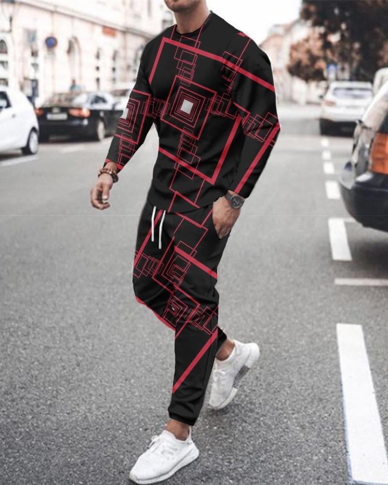 Men's Long Sleeve T-Shirts Sets Abstract Pattern 3D Print Sports T-Shirt Pants Suit Fashion Tracksuit 2-Piece Jogger Outfits