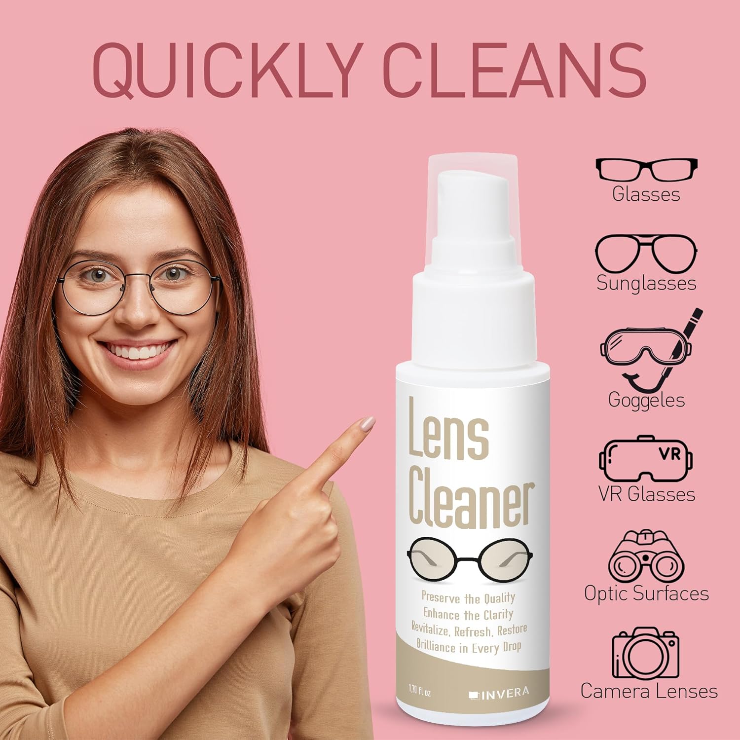 invera Eyeglass Cleaner Spray with Microfiber Cloth Kit, Lens Cleaner for Eyeglasses, Sunglasses, Camera Lenses & Electronic Screens, Gentle,