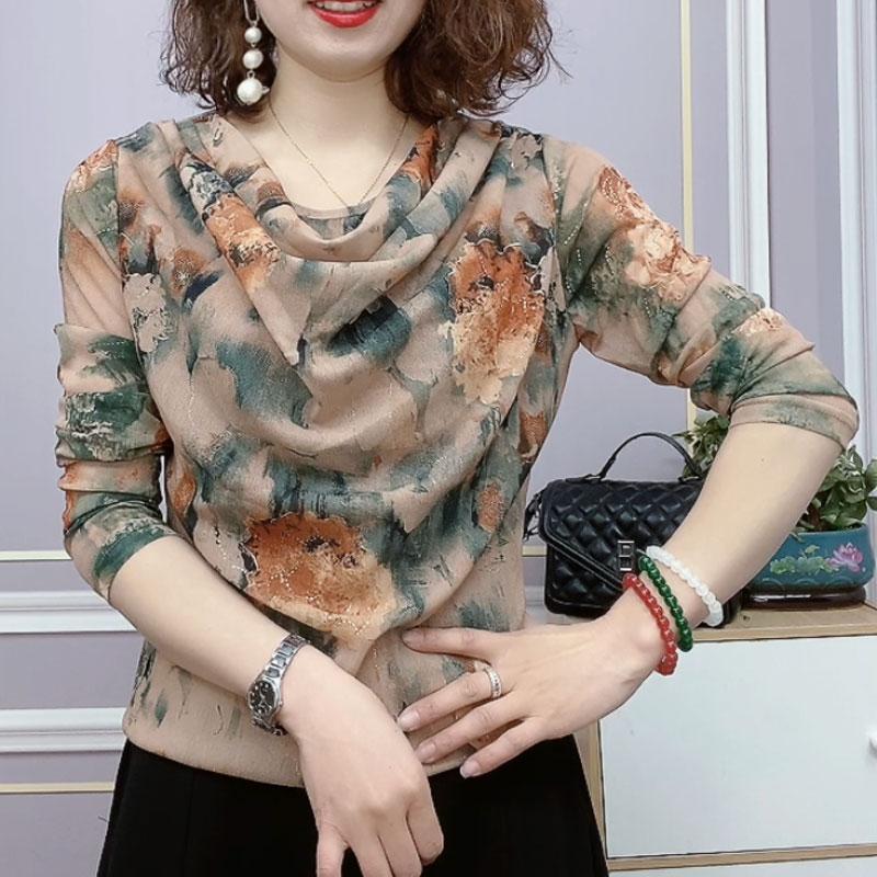 

Повседневная мода Воротник-стойка Блузка Весна Осень Повседневная Винтажная С цветочным принтом С длинным рукавом 4XL жёлтый