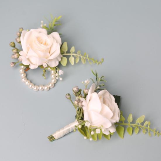 White Rose Boutonniere And Wrist Corsage Set European Rustic Silk Flower for Bride Bridesmaid Groom Groomsman Wedding Party Decor