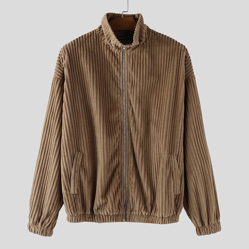 INCERUN Outono Masculino Gola Alta Manga Comprida Textura Veludo Cotelê Casual Jaquetas Casacos com Zíper