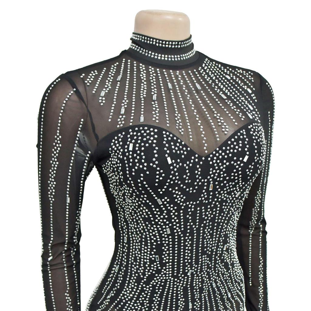 European & American Fashion Women's Solid Mesh Slit Long Dress with Hot Drill Accents