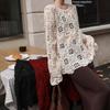 Women's Korean Style Red Sheer Knit Sweater with Hollow Design – Long Sleeve Round Neck, Autumn/Winter 2024