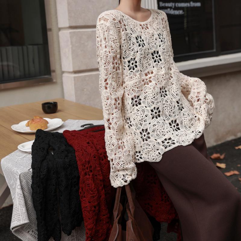 Women's Korean Style Red Sheer Knit Sweater with Hollow Design – Long Sleeve Round Neck, Autumn/Winter 2024