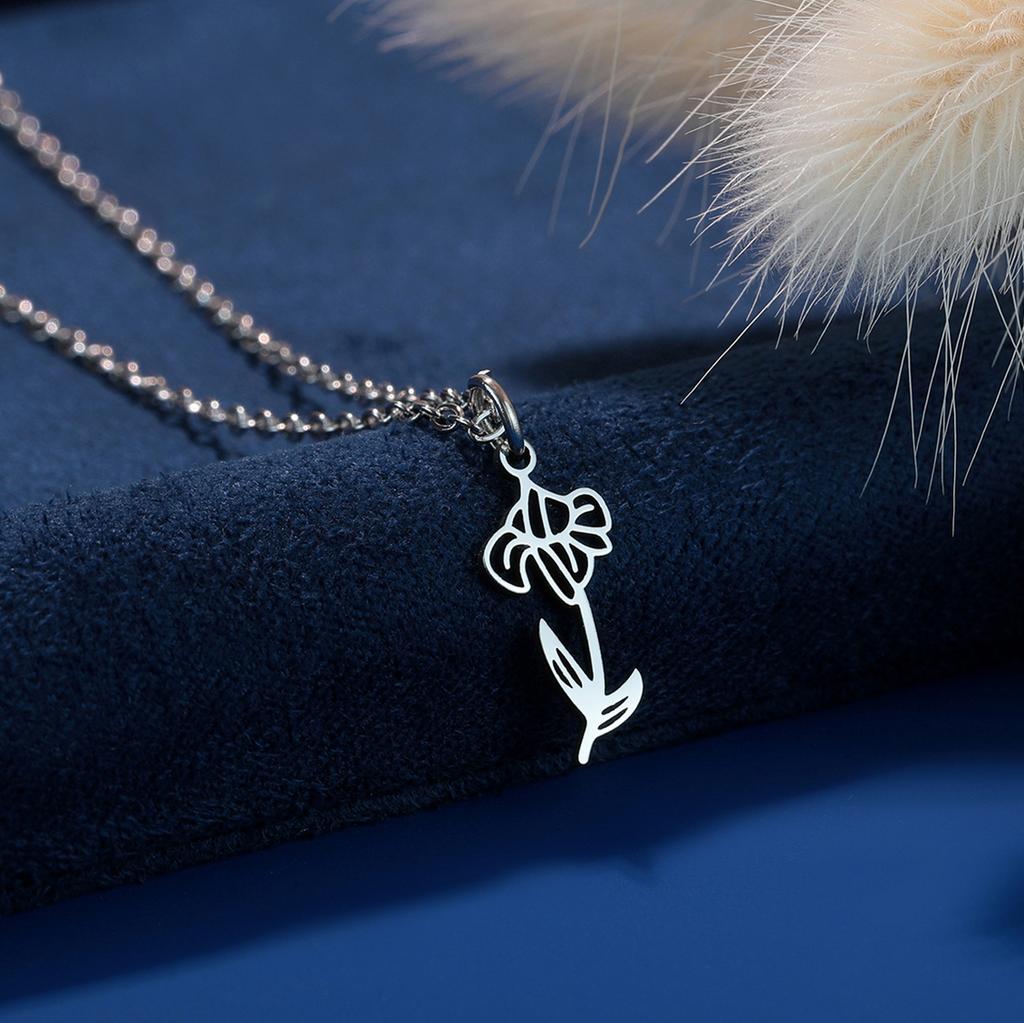 Kinitial Birth Flower Necklaces For Women Girls Stainless Steel 12 Month Flower Necklaces Birthday Jewelry Gift