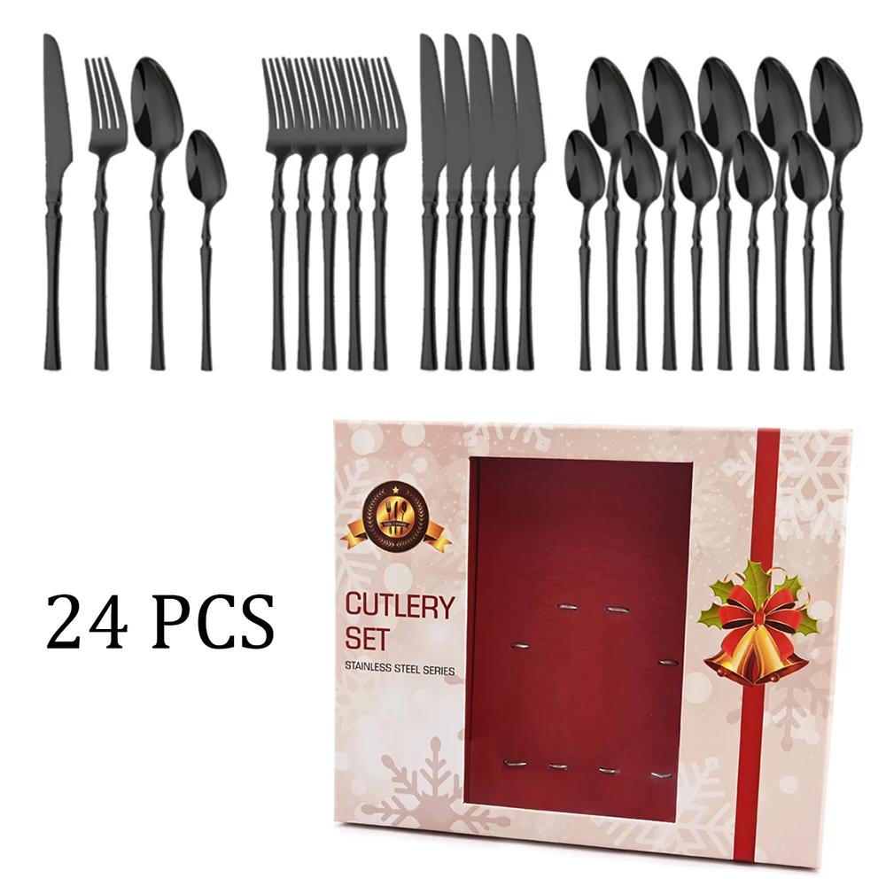 Christmas 24Pcs Cutlery Sets Stainless Steel Dinnerware Dinner Flatware Knife Fork Tea Spoon Luxury Kitchen Tableware Gift Box