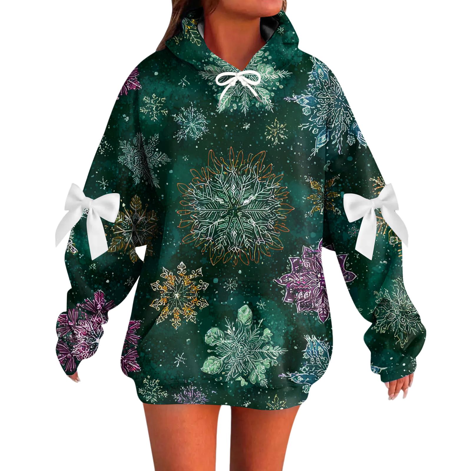 

Ladies Christmas Printed Bow Long Sleeved Loose Fitting Headband With Rope Hooded Sweatshirt Top XXL