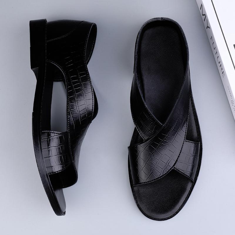 FashionSummer Men's Quality Genuine Leather Sandals Black Anti slip Breathable Casual Shoes Comfortable Business Flat Bottom Sandals