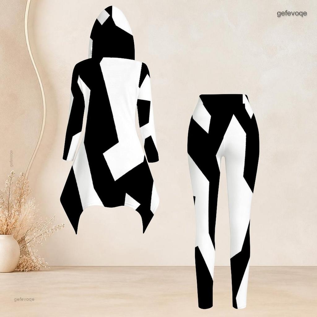 Women Plus Size Two Piece Set Black White Geometric Printed Hooded Long Sleeve High Low Top Fitted Pants