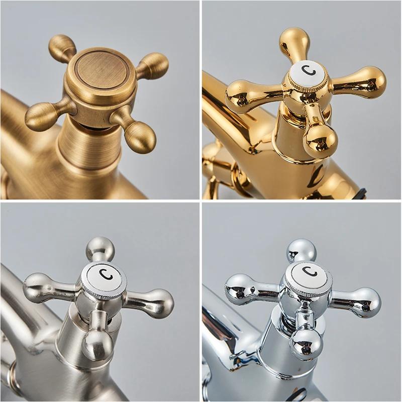 Senlesen Antique Faucet Bathroom Basin Faucet Two Handles Washbasin Taps Solid Brass Deck Mounted Hot Cold Water Mixer Tap,Gold