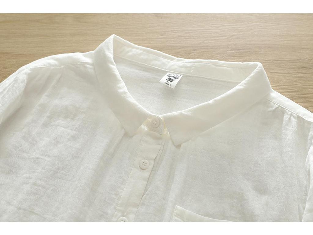 Pure Cotton Women's Lapel Pleated Blouse - Solid Color, Long Sleeve, Double Layer Yarn, Spring/Autumn.