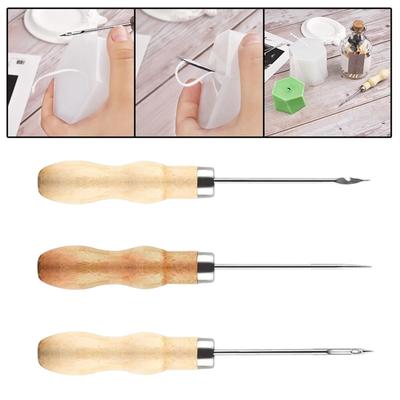 3Pcs Sewing Awl Wooden Handle Scratch Awls Sewing Tools Punching Needle Tool Kit