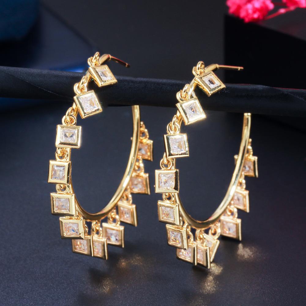 Fan Exaggerated Large Circle Copper Gold-Plated Zircon Earrings Famous Wind Fringed Earrings C-Shaped Earrings