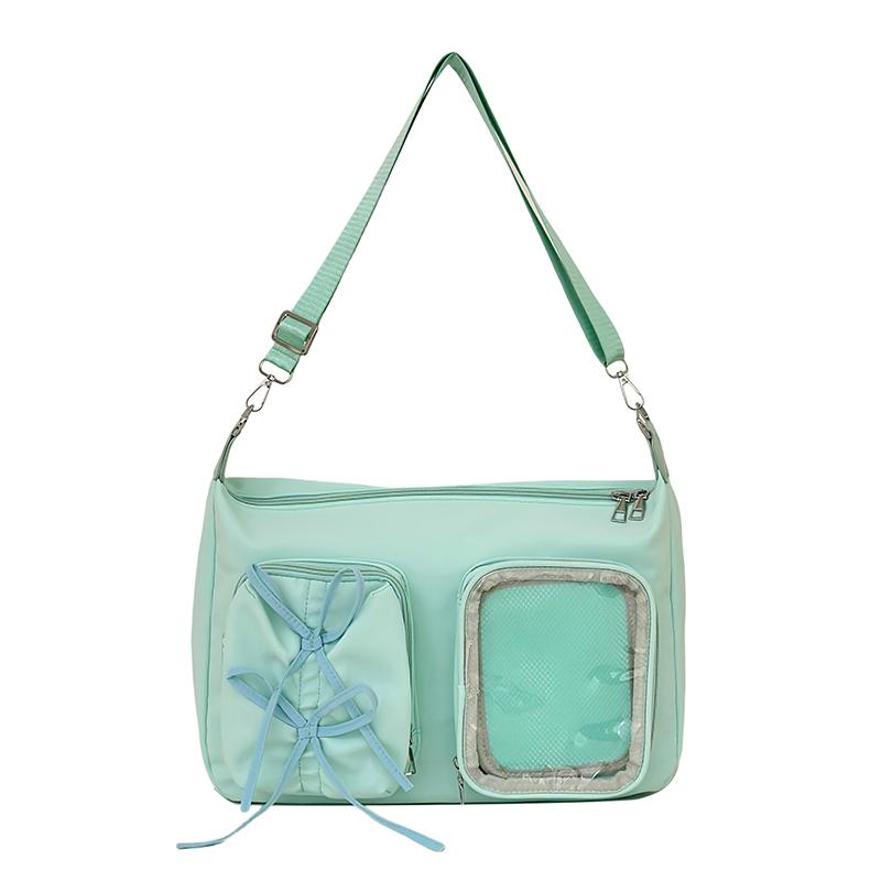 

Fashion Women Kawaii Bow Tie Messenger Bag Clear Window Mint Green Nylon Crossbody Bag Casual Pin Display Ita Bag for Daily