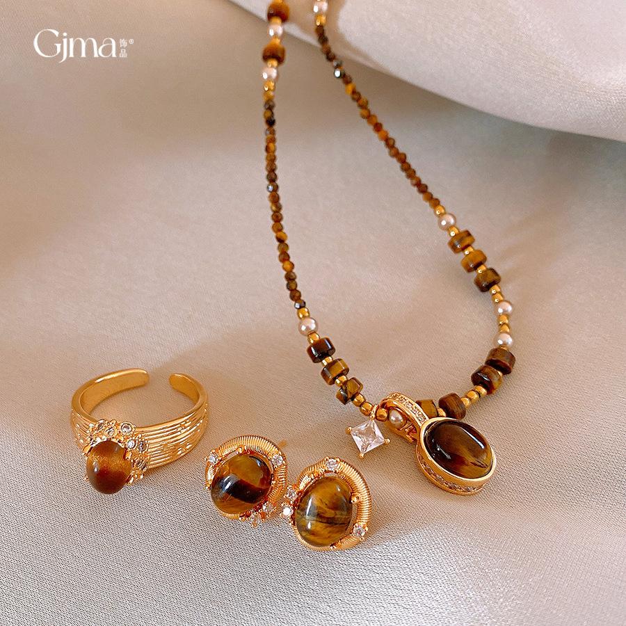 Vintage Maillard Style Square Zircon Tiger's Eye Necklace Accessories Women's Sweater Chain Necklace