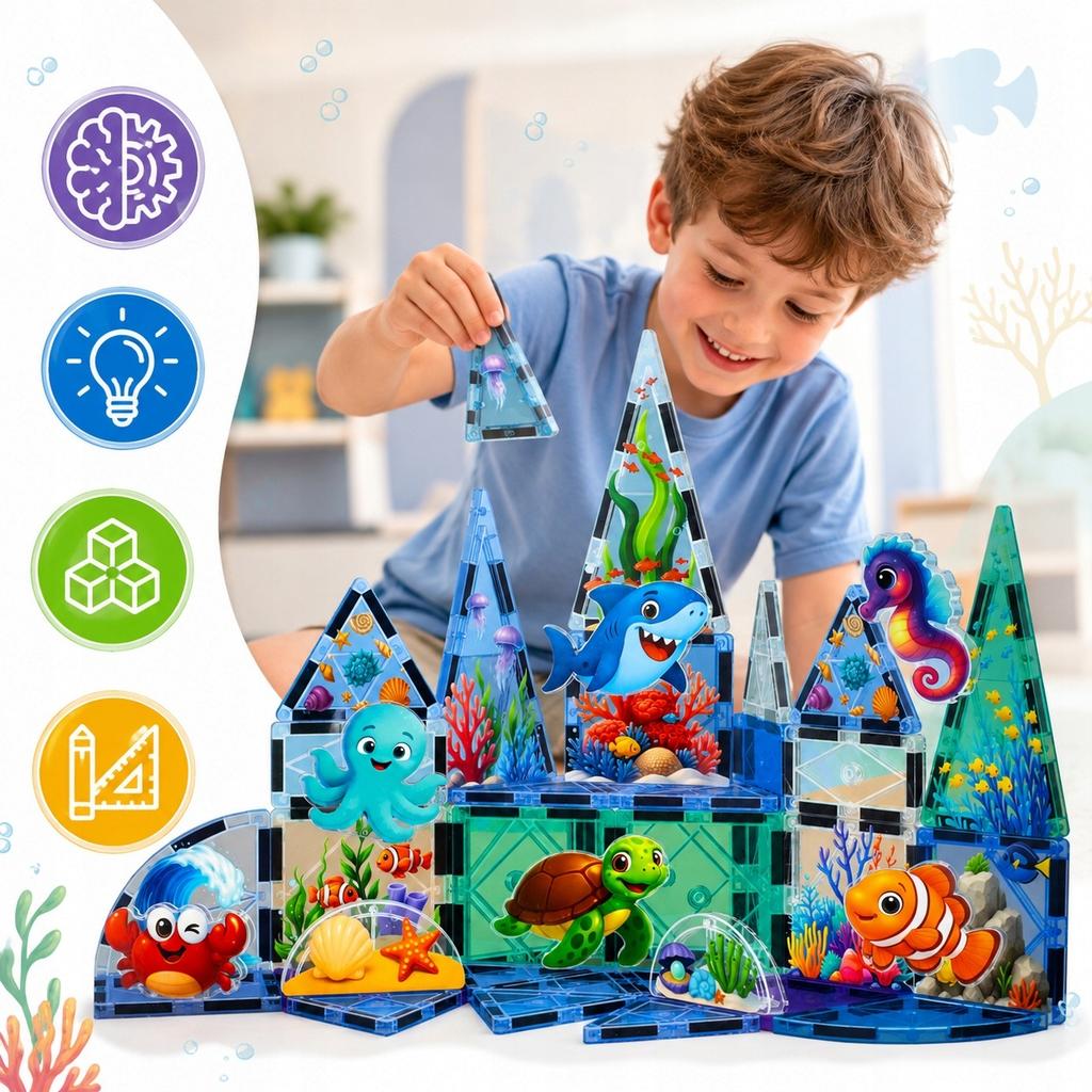 Set of Magnetic Construction Blocks 3D Large Panels Sea World 40 pcs.