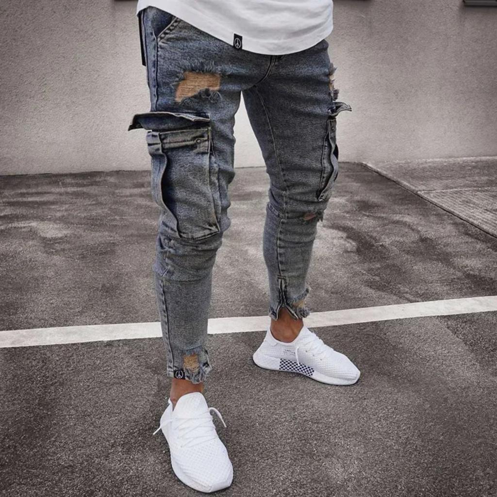 Stretch Men's Jeans Fashion Knee Ripped Zipper Skinny Trousers Denim Pants High Waist Side Pockets