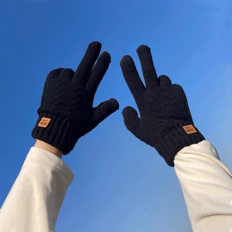 Windproof Double-Layer Fleece Lined Touchscreen Cycling Gloves - Unisex, Warm, Solid Color, Korean Style for Autumn/Winter