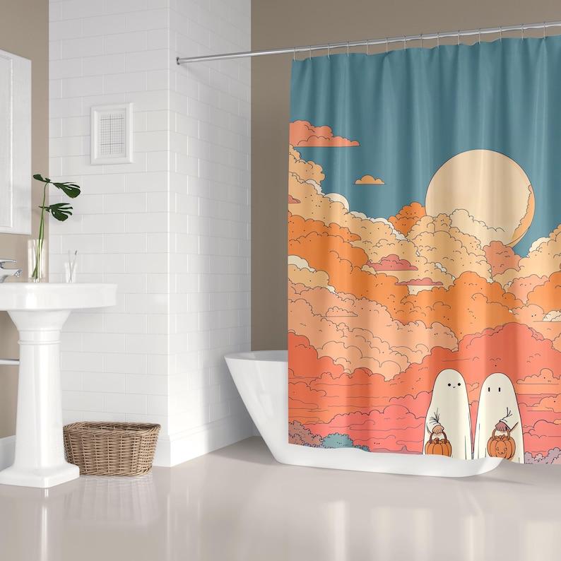 

Cute Ghost Shower Curtain With Pastel Halloween Pattern, Whimsical Autumn Waterproof Bathroom Decor For Cozy Fall Theme W60H190(CM)-1 Pcs