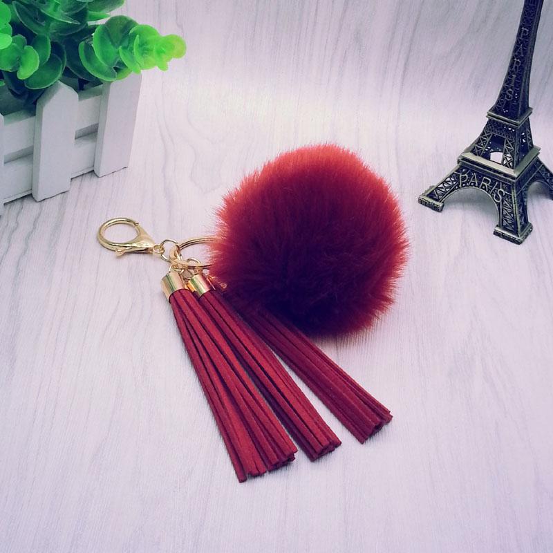 

Women Tassel Fur Ball Key Chain with 3 Tassels and 8cm Pompom Plated Gold Color For Car Keychain Bag Key Ring Jewelry 16012 Gold красный