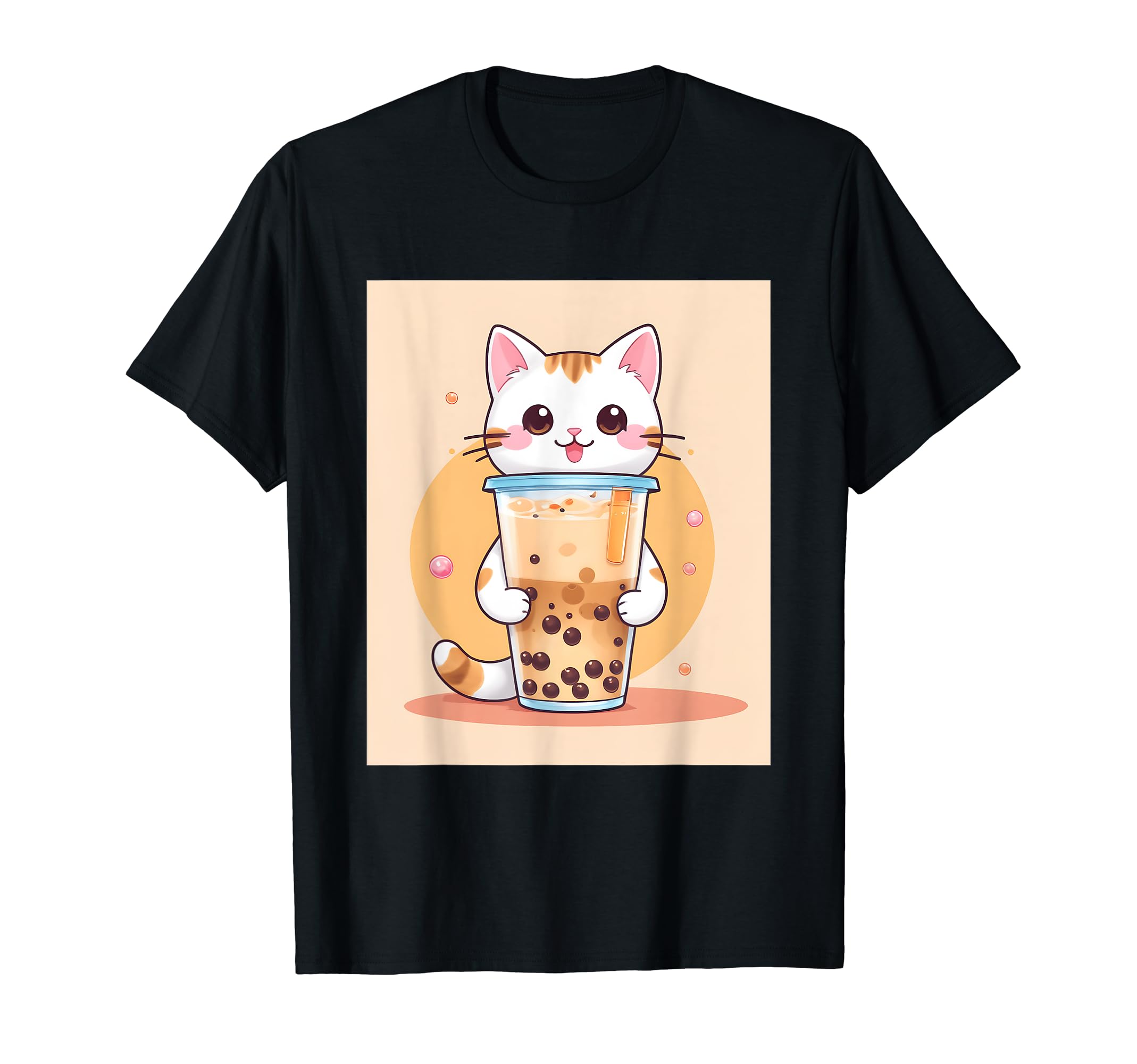 

bubble things printed Kawaii, cat, boba, tea, cute, Japanese, T-shirt чорний