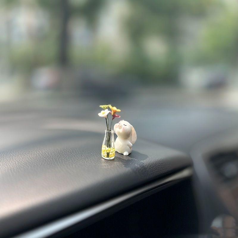 Cute Car Interior Decoration 2Pcs Rabbit Flower Vase Ornament Non-slip Center Console Decor for Drivers