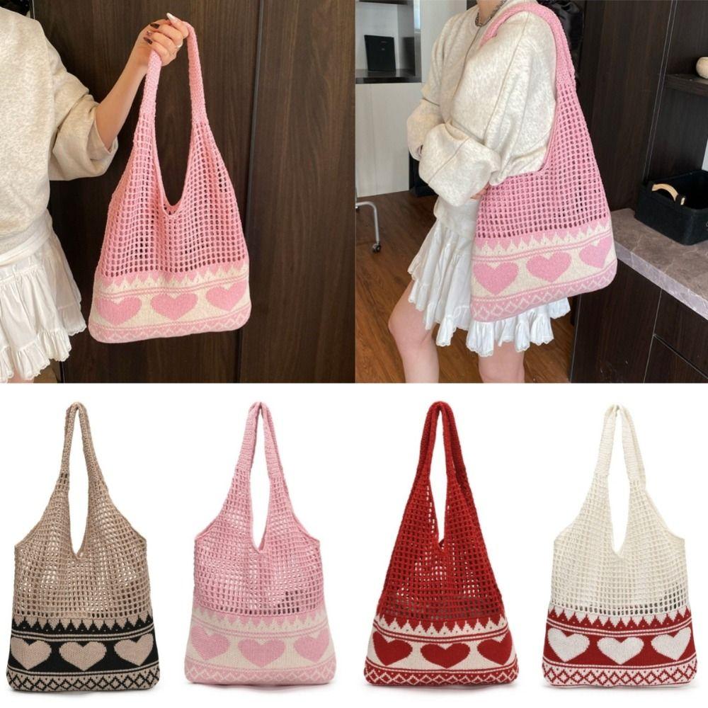 New Korean Style Shoulder Bags Knitted Material Cute Heart Pattern Beach Hangbag Large Capacity Shopping Bags Casual Outing