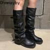 Vintage Gürtelschnalle Frau Western Cowboy Stiefel Mode Slipper Niedriger Absatz Lange Stiefeletten Botas De Inverno Feminina