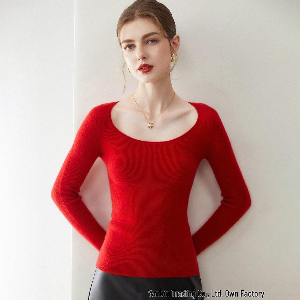 Women's Pure Cashmere U-Neck Slimming Pullover Sweater, Warm Long-Sleeved Knitted Base Layer