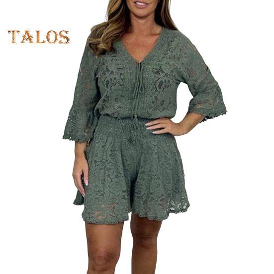 

2 шт./комплект. Жіночий топ-шорти з вирізаним мереживом і квітковою вишивкою, V-подібним вирізом, шнурком, рукавами три чверті, еластичною завищеною талією, вільні для поїздок на побачення. XL зелений