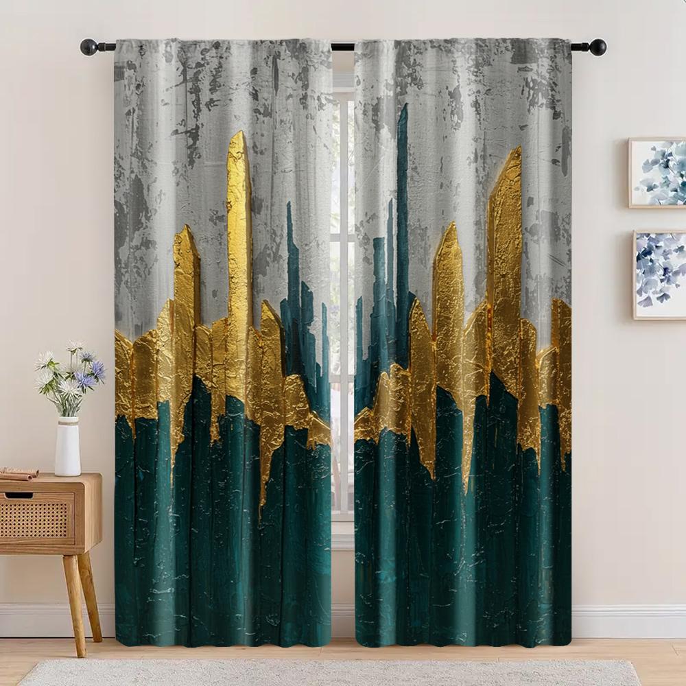 

2pcs spring summer Curtains Green gray green and gold foil abstract Prints Light Filtering Curtains Polyester Home Decor Use 100*130 Rod Pocket 1pcs