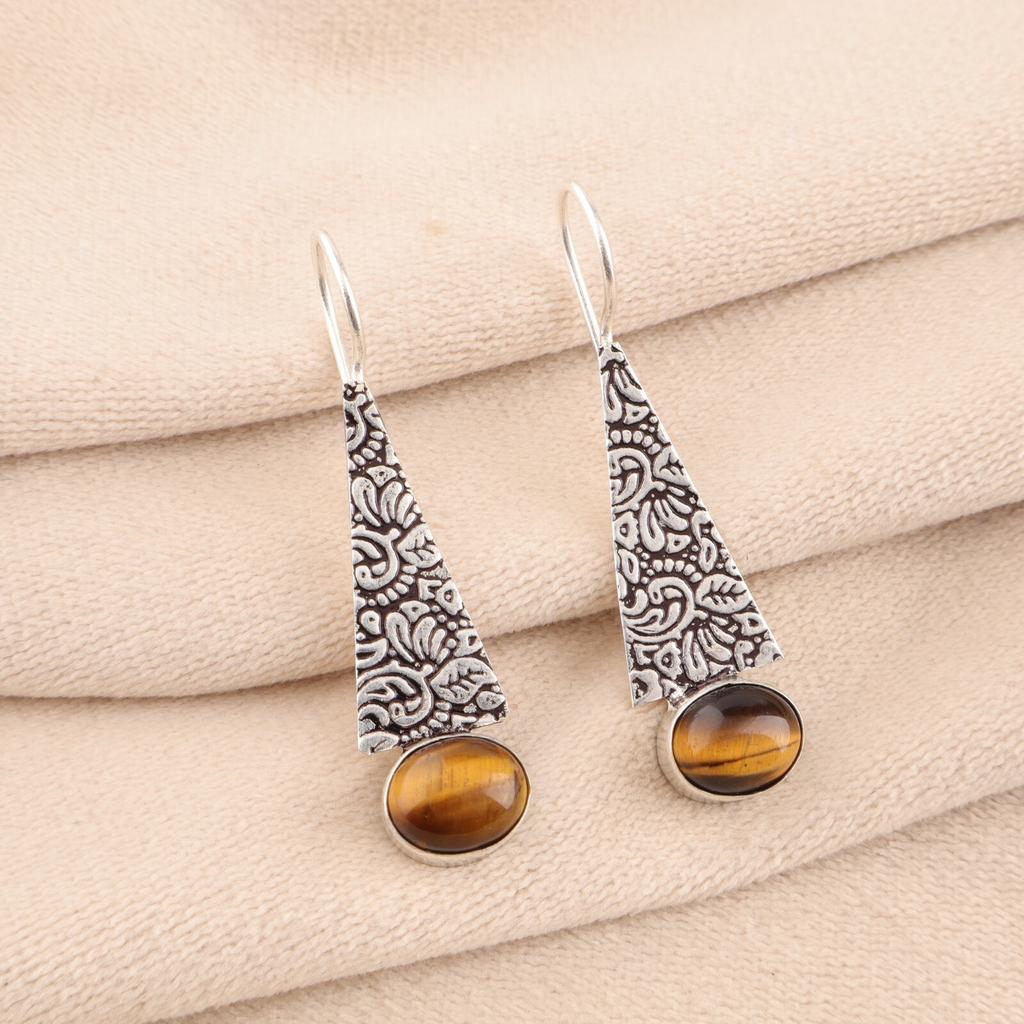 Natürliches Gelbes Tigerauge 925 Sterlingsilber Schmuck Handgefertigte Ohrringe 1,9" EE-165-27