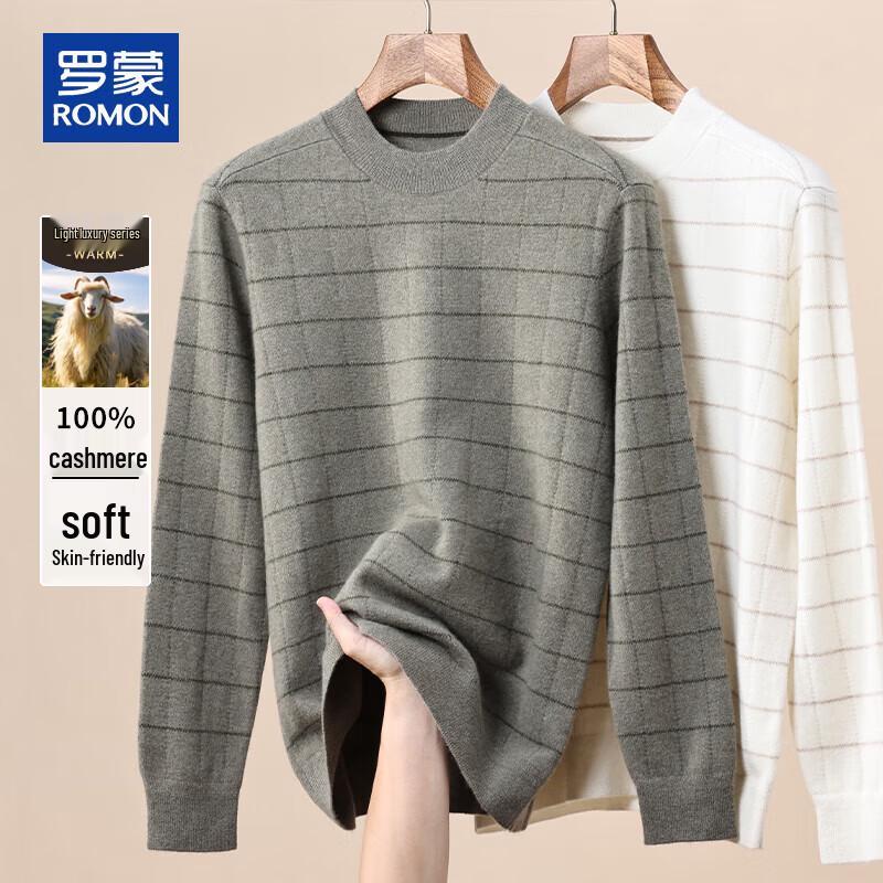 

ROMON Men s 100% Cashmere Thickened Half-High Collar Plaid Knit Sweater 3XL