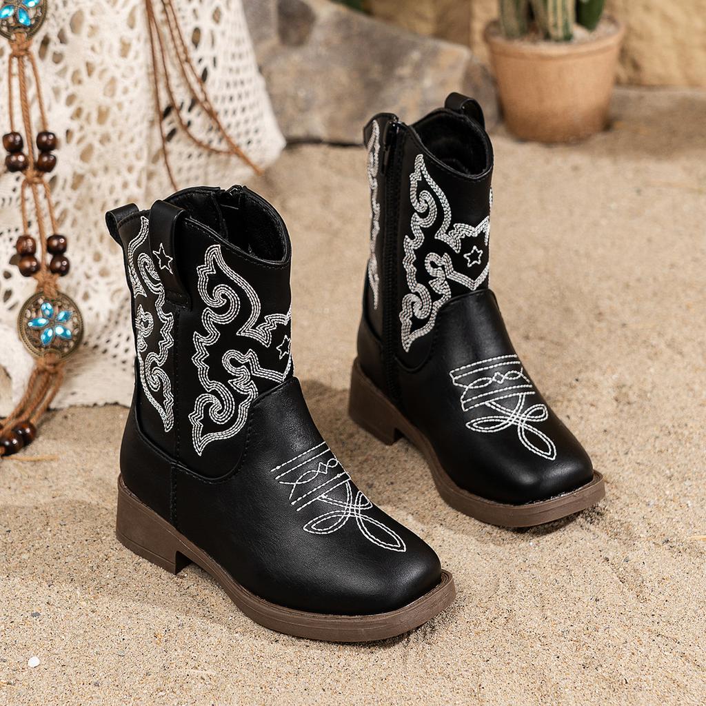 Autumn and Winter Western Cowboy Boots Embroidery Thick Heel Round Head Thick-soled Medium Boots Mongolian Women's Boots