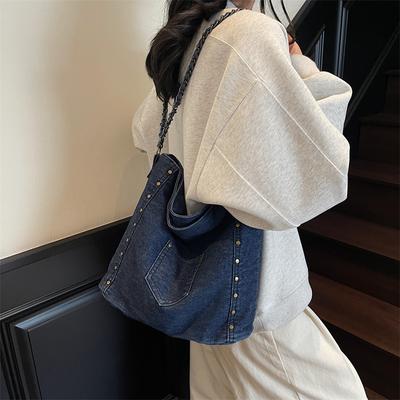 Vintage Denim Tote Bag Large Capacity Shoulder Bag Women's Chain Crossbody Bag
