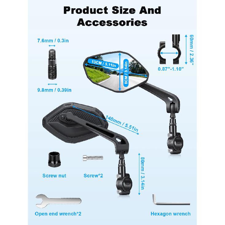 Elecpow Bike Rear View Mirror 360° Free Adjustment Rotatable Handlebar Viewmirror High Definition Large Mirror Bike Accessories