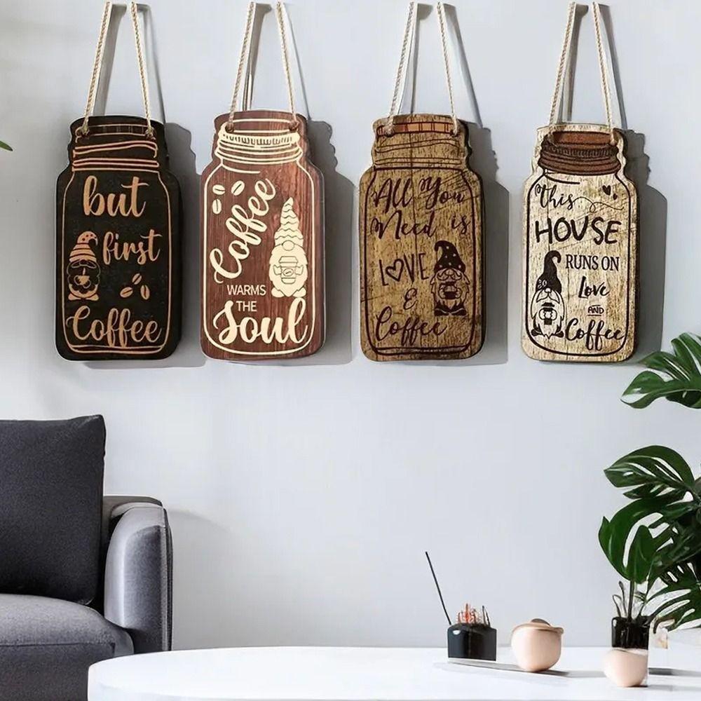 

4pcs Coffee Can Shape Wooden Coffee Hanging Sign Wall Slogan Sign Home Decoration 4pcs