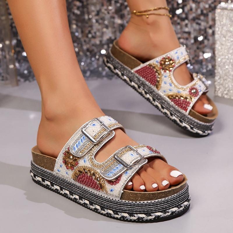 Women's Plus Size Summer Platform Chunky Sole Color Block Rhinestone Double Buckle Cork One Strap Slide Sandals